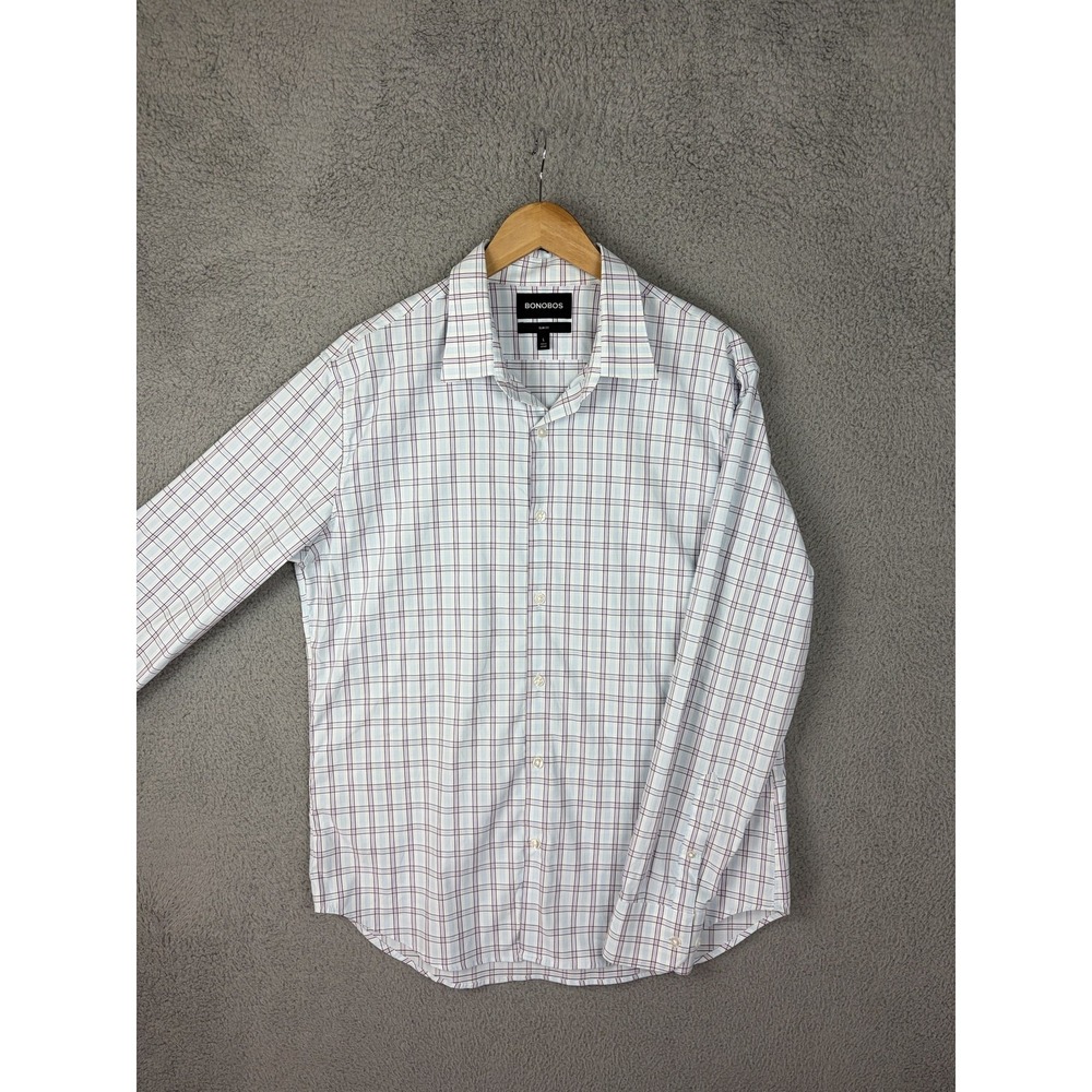 Bonobos Shirt Mens Large White Check Long Sleeve Button Stretch Slim Casual Mens